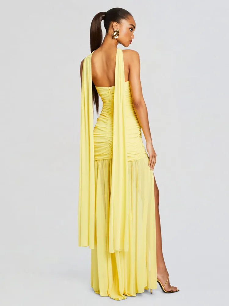 Maliya Halter Mesh Slit Maxi Dress