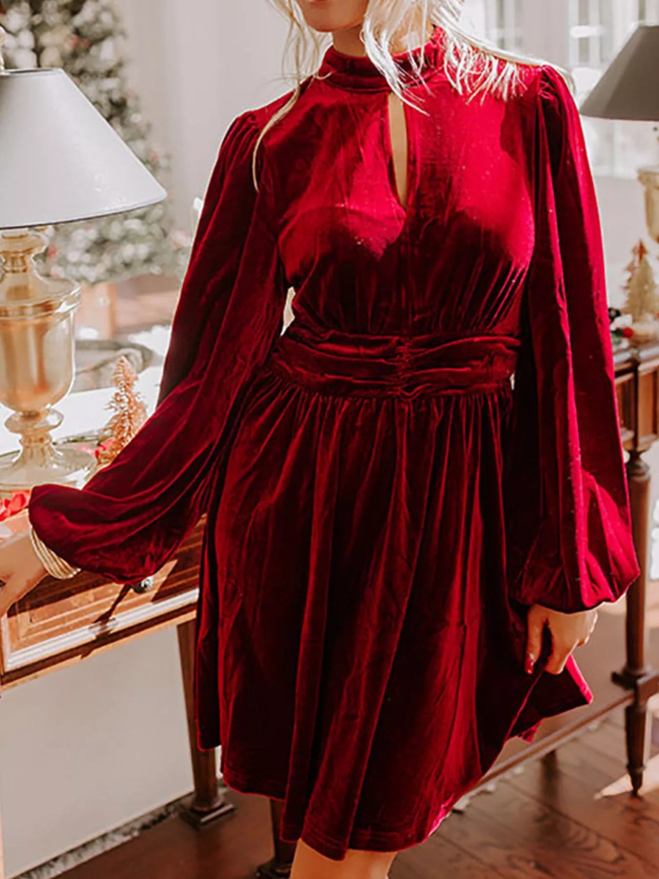 Velvet Mock Neck Balloon Sleeve Dress