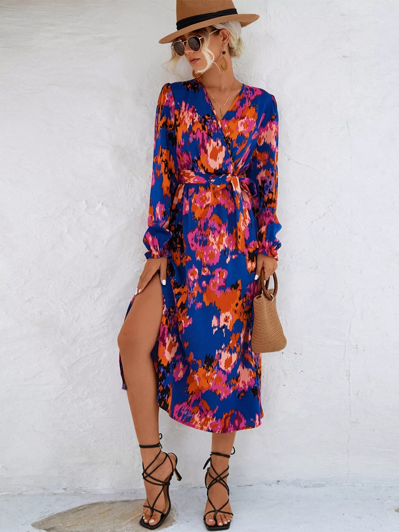 Printed Surplice Long Sleeve Midi Dress