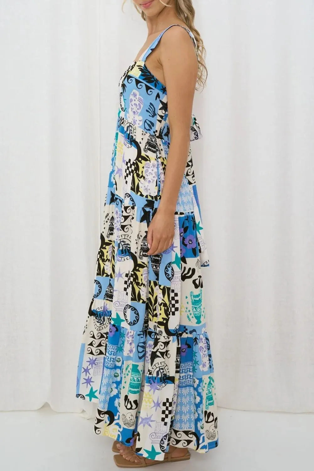 Printed Square Neck Wide Strap Maxi Dress