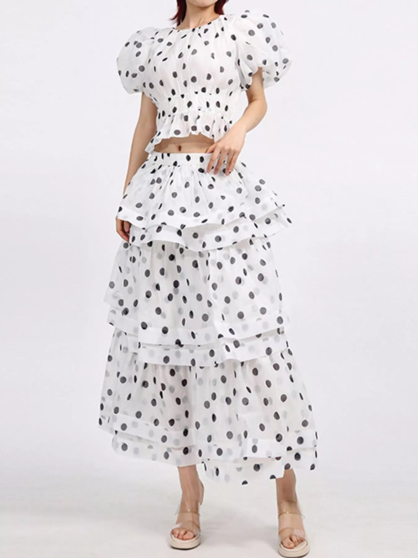 Polka Dot Puff Sleeve Top and Skirt Set