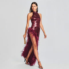 Alyia Wine Red Sequined Halter Slit Dress