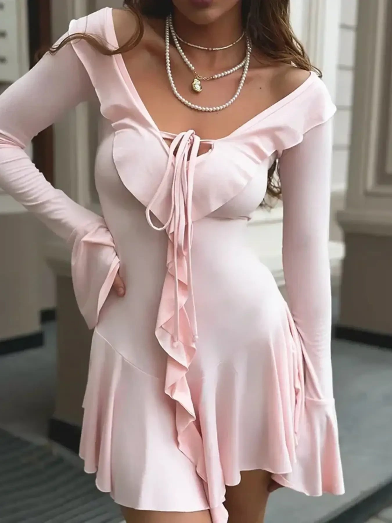 Ruffle V-Neck Flounce Sleeve Mini Dress