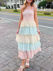 Smocked Ruffle Layered Floral Midi Dress