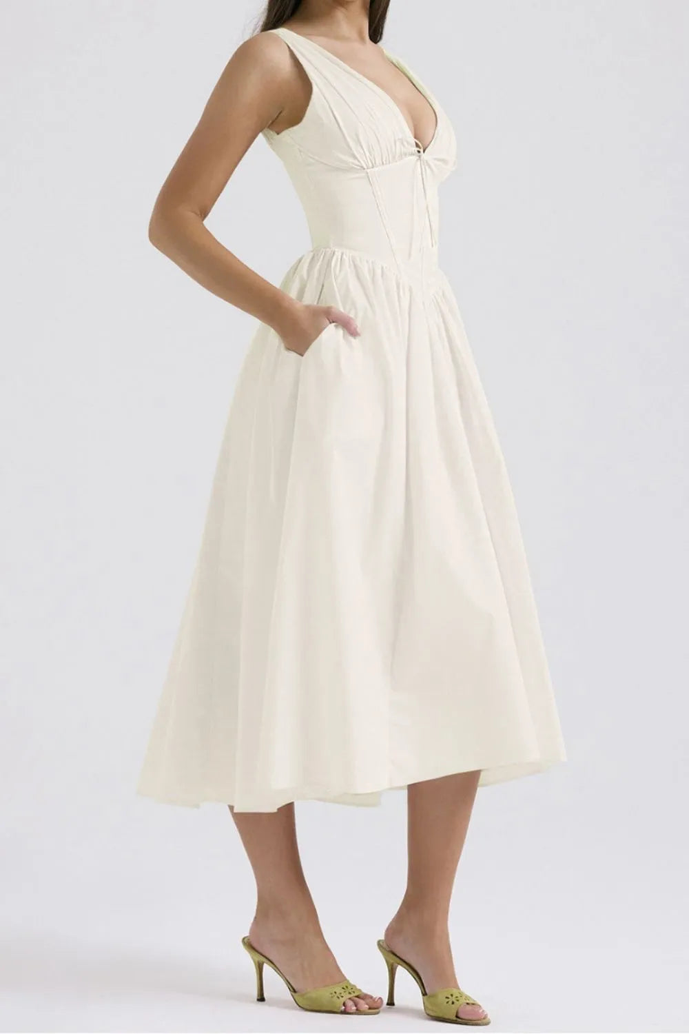 Ruched V-Neck Sleeveless Dress with Pockets