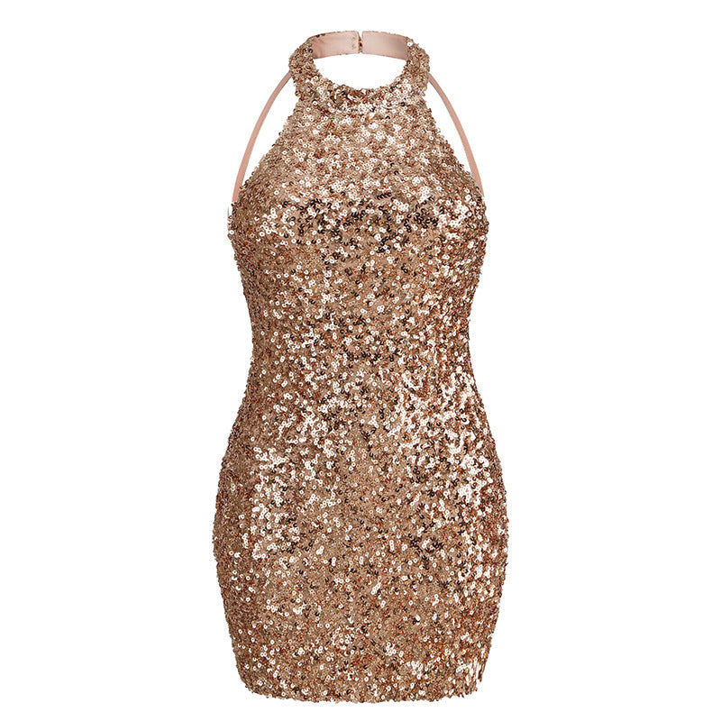 Alyia Halter Sequins Backless Mini Party Dress-Gold