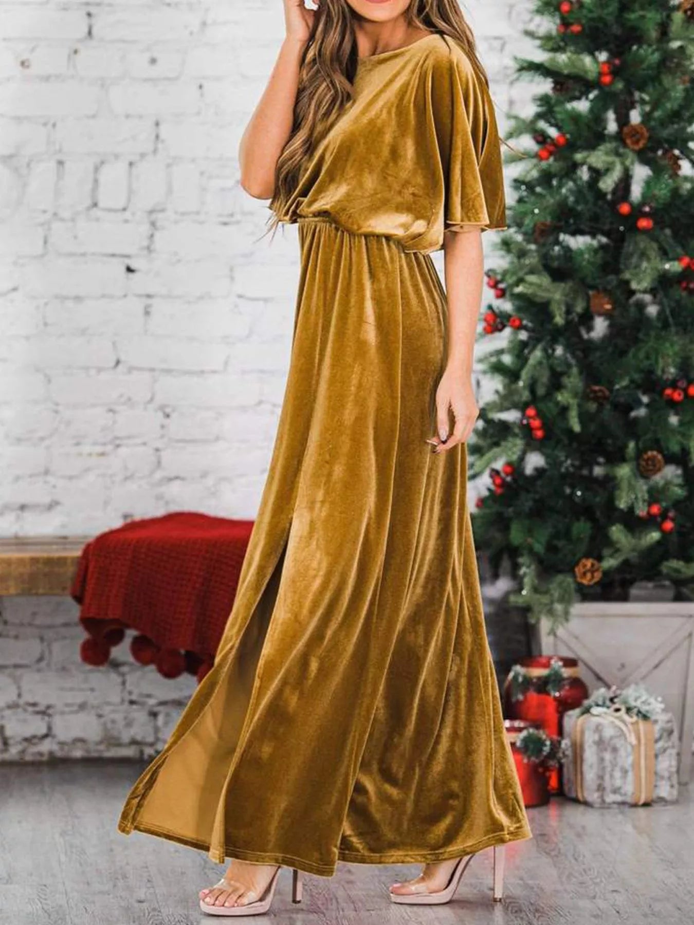 Slit Round Neck Flutter Sleeve Velvet Maxi Dress