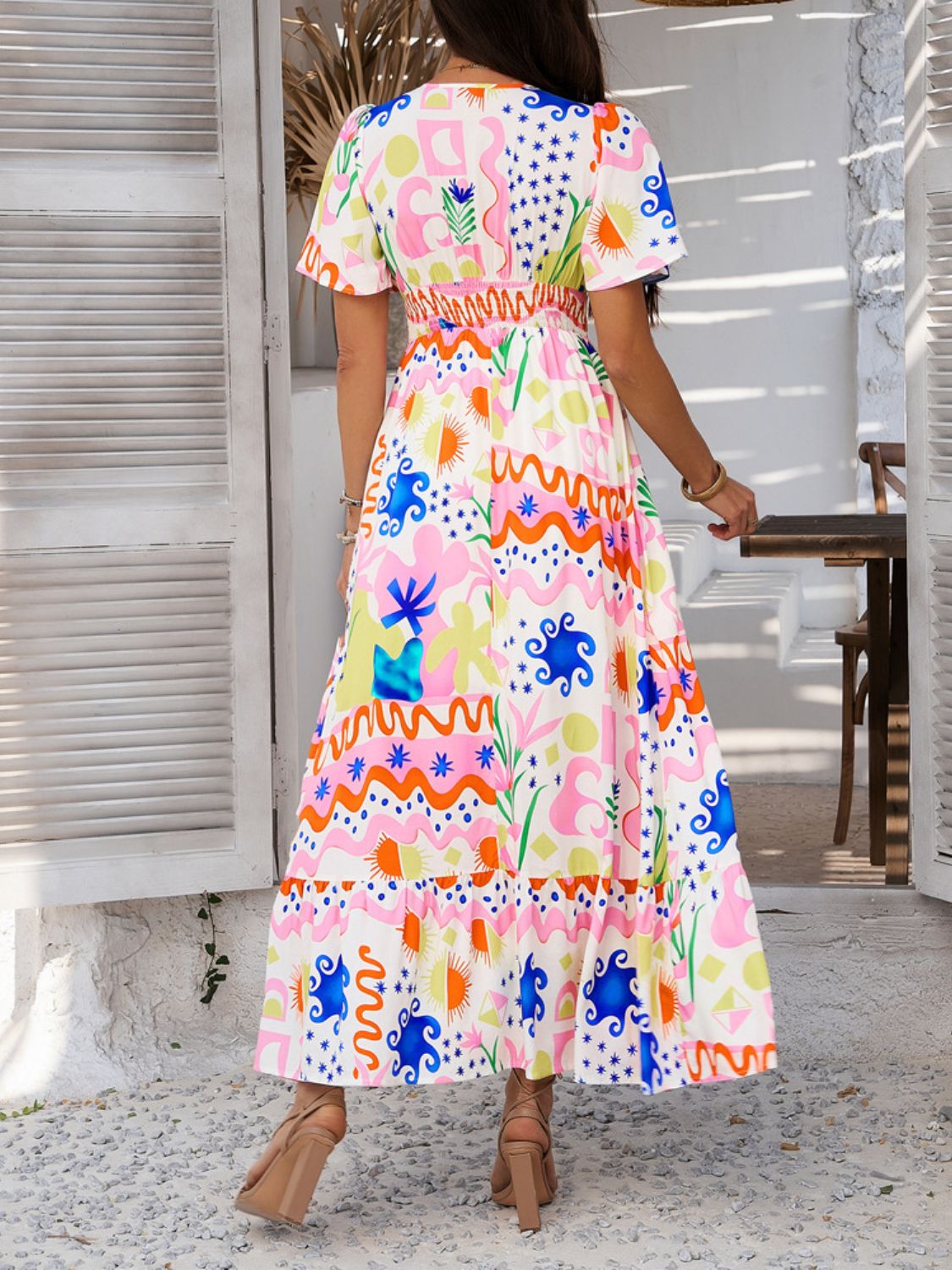 Devine Smocked Printed V-Neck Short Sleeve Maxi Dress