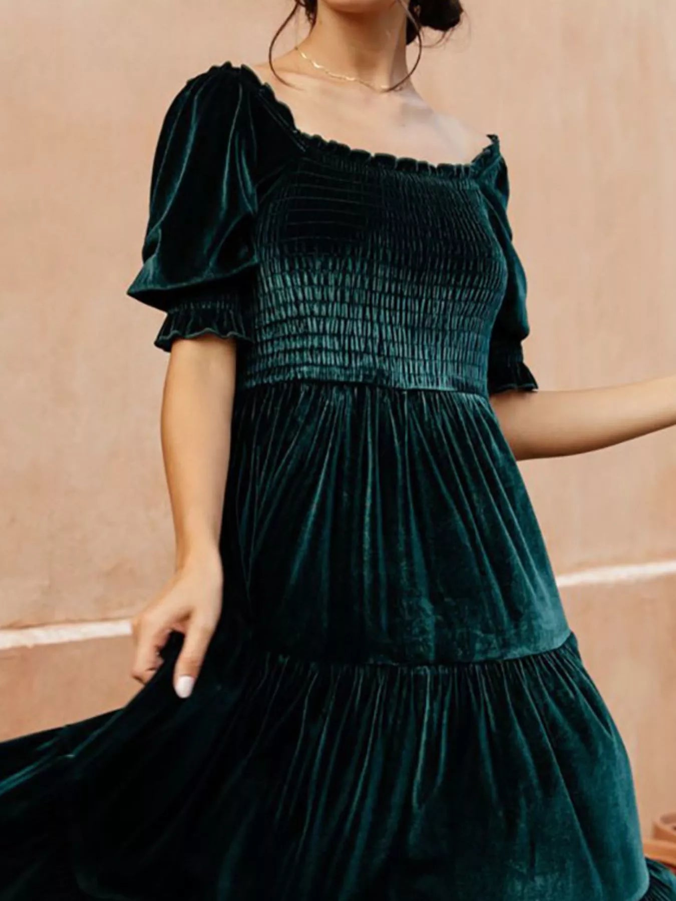Velvet Smocked Tiered Midi Dress