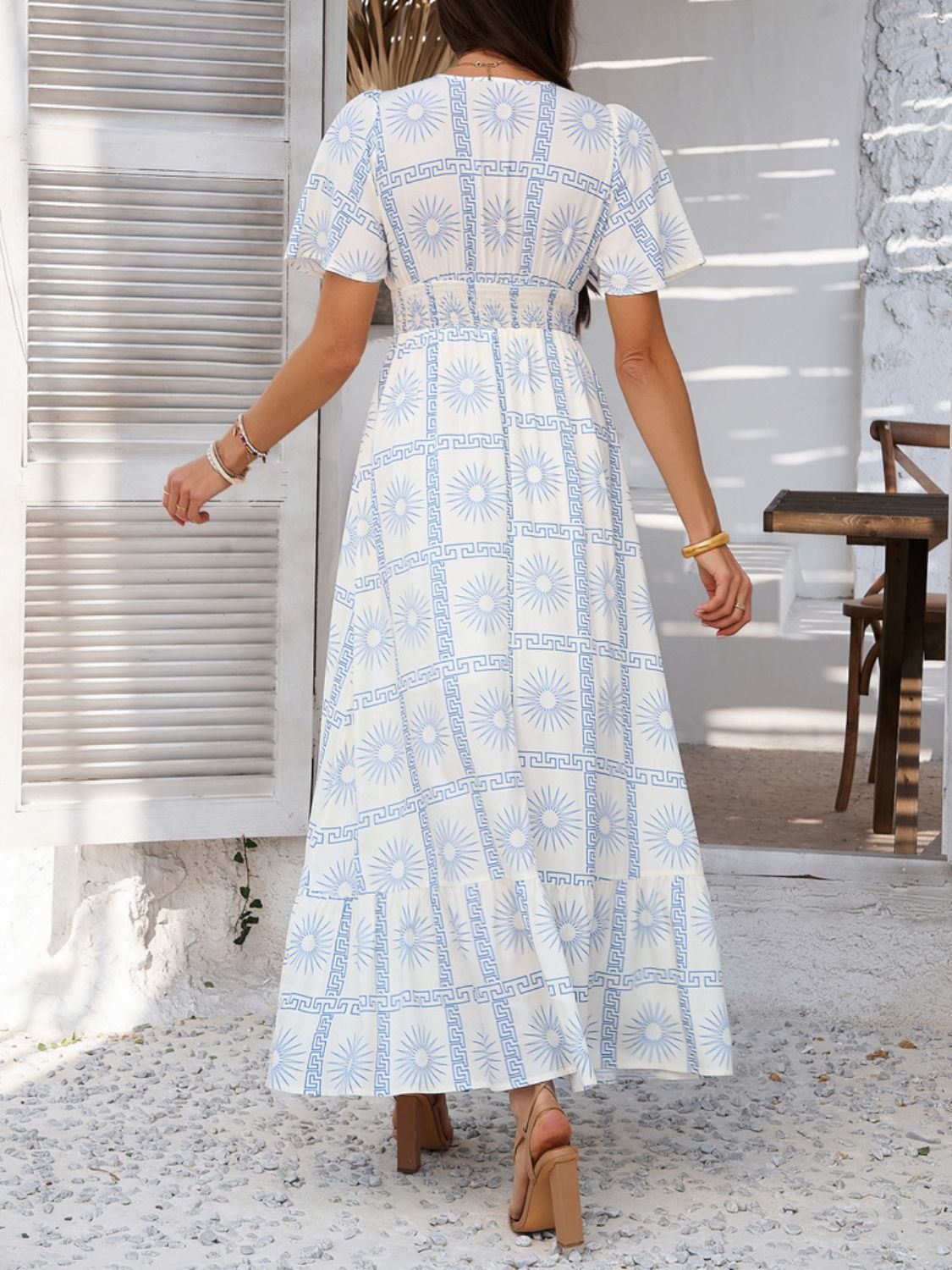 Devine Smocked Printed V-Neck Short Sleeve Maxi Dress