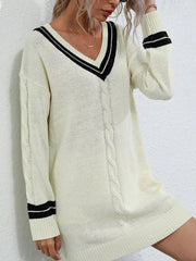 V-Neck Striped Trim Cable Knit Sweater Dress