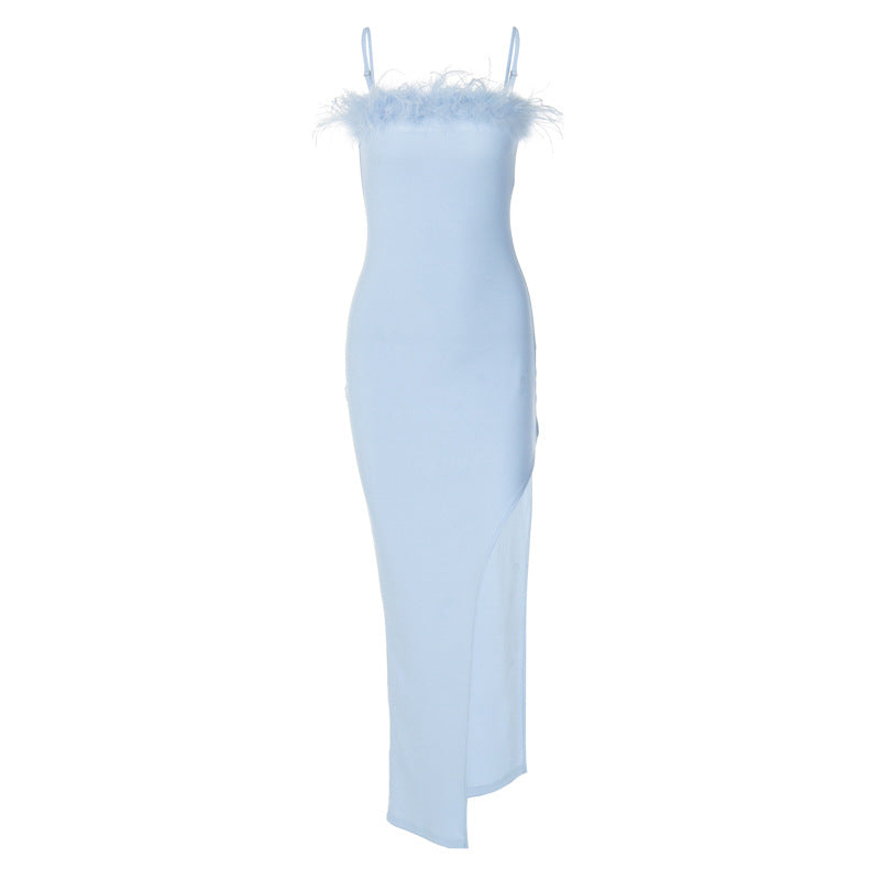 Chic Feather Trim Slip Dress