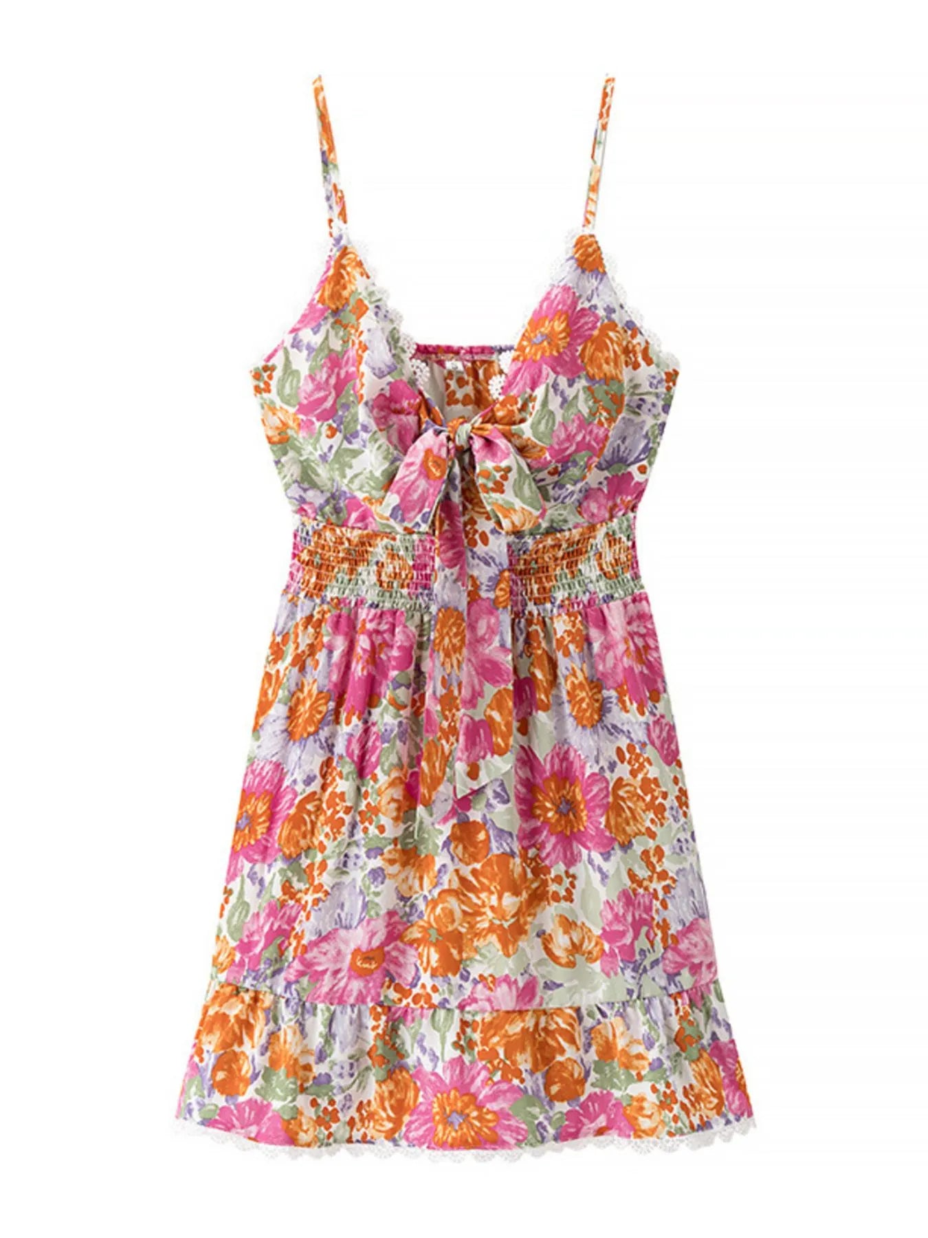 Floral Print Tie-Front Cami Dress with Lace Trim