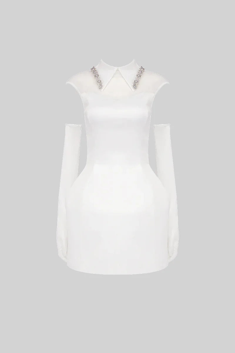 YARNA SATIN MINI DRESS-WHITE