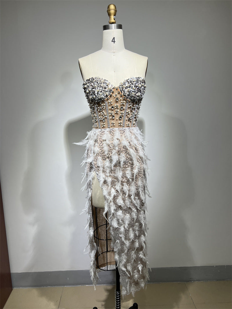 Elegant Rhinestone Beaded Fur Dresses