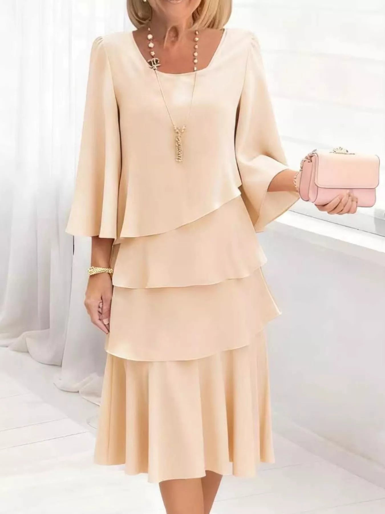 Full Size Ruffled Layered 3/4 Sleeve Dress Plus Size