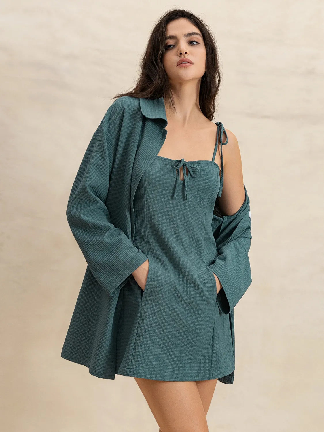 Tie Shoulder Mini Dress and Long Sleeve Top Set
