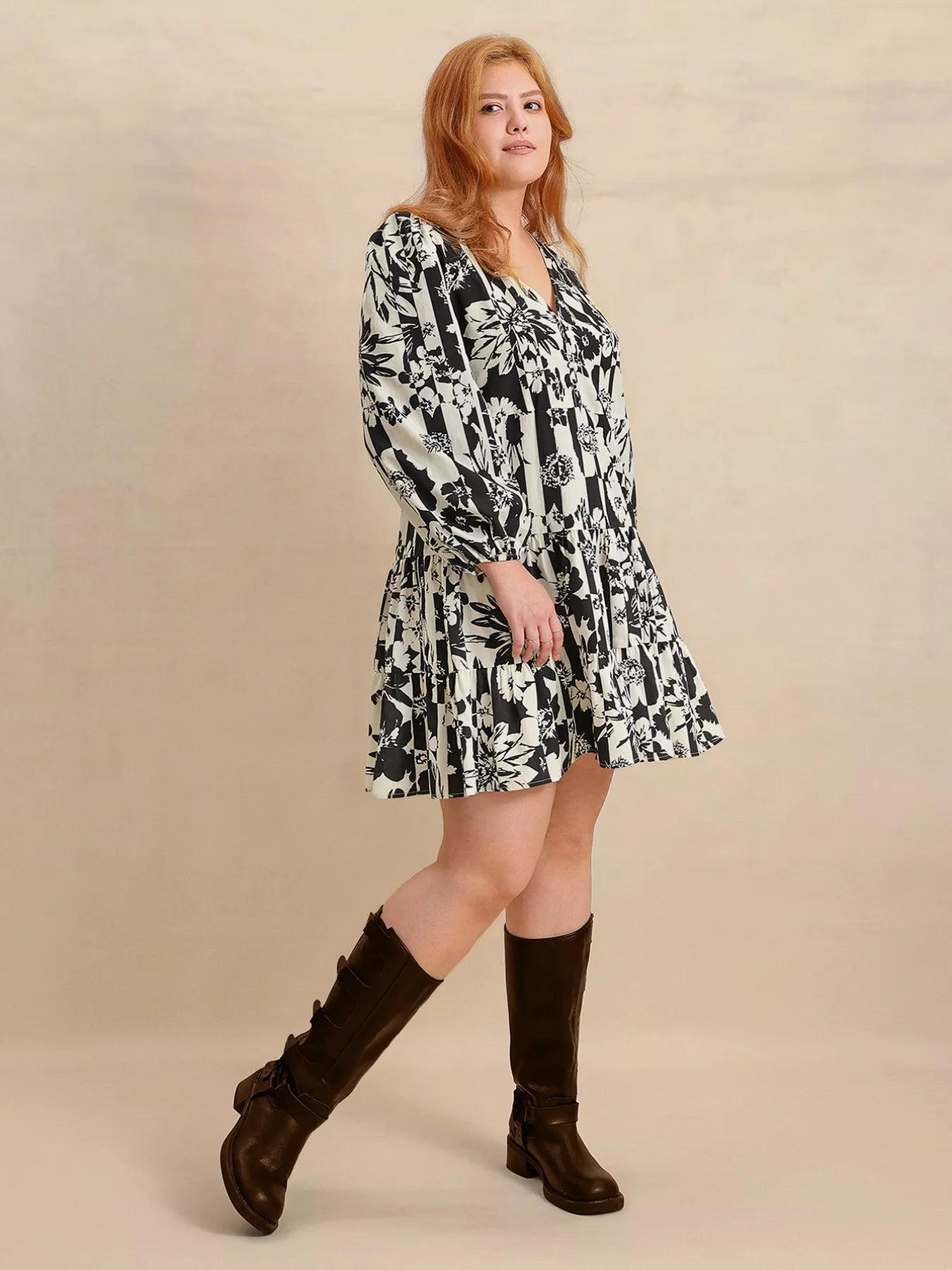 Plus Size Printed V-Neck Long Sleeve Mini Dress