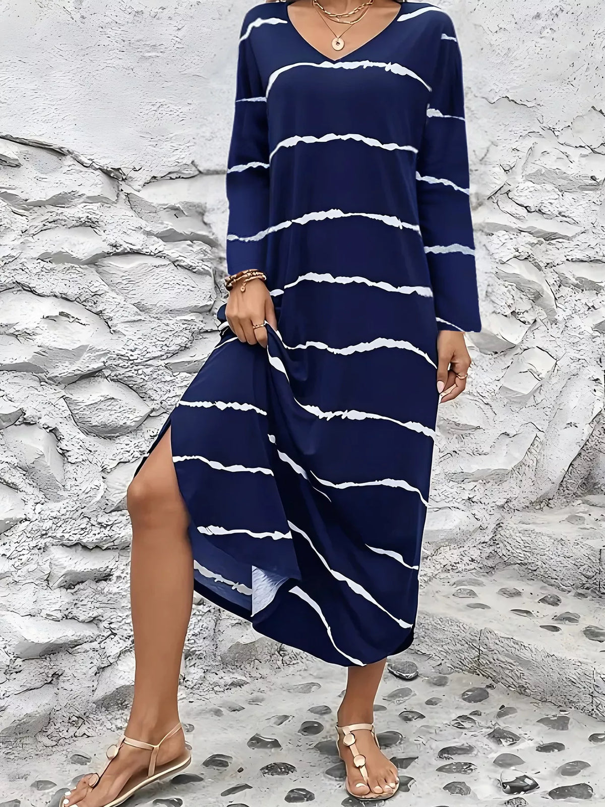 Striped V-Neck Long Sleeve Casual Maxi Dress