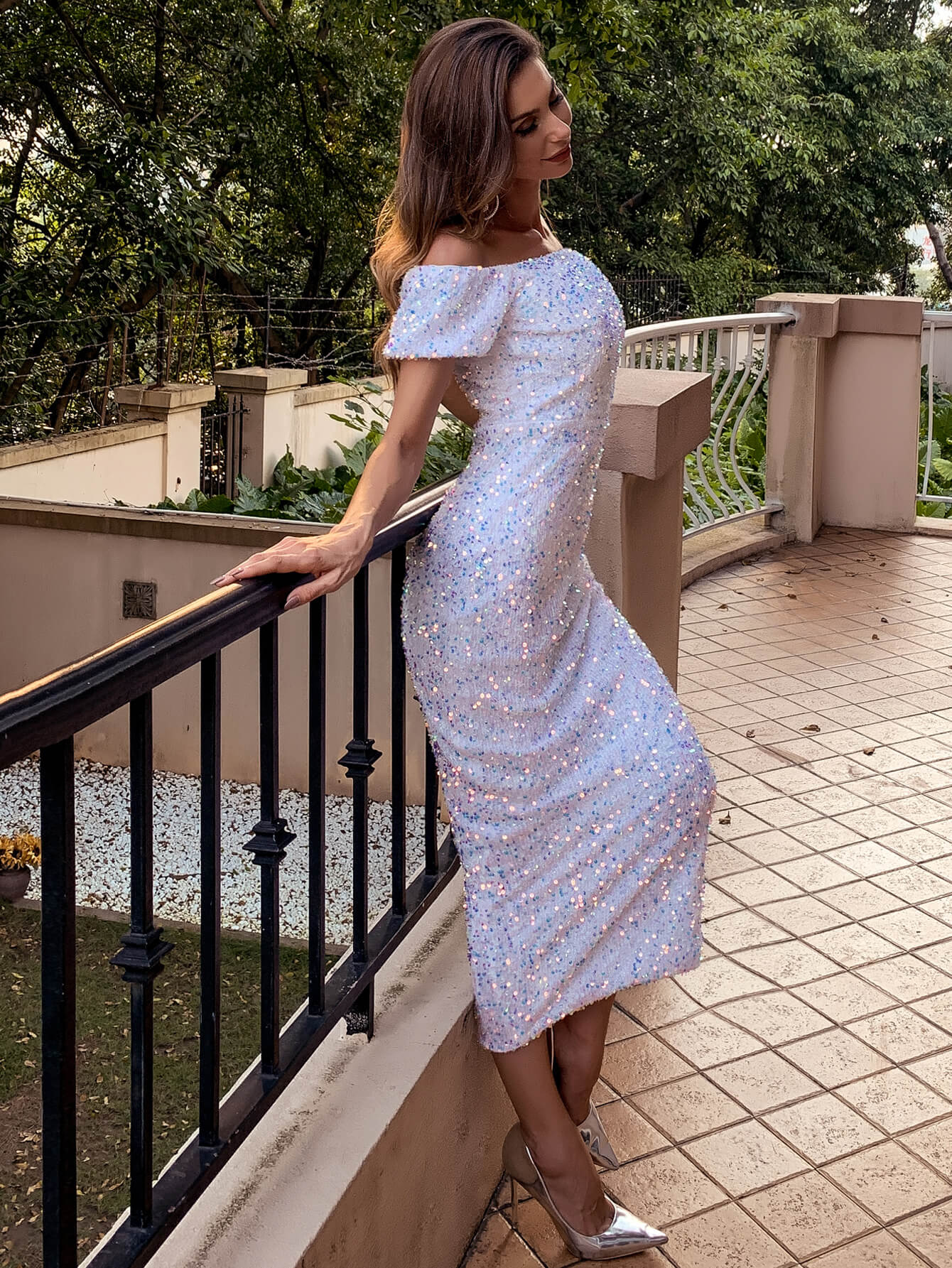 Sequin Back Slit Bodycon Midi Dress