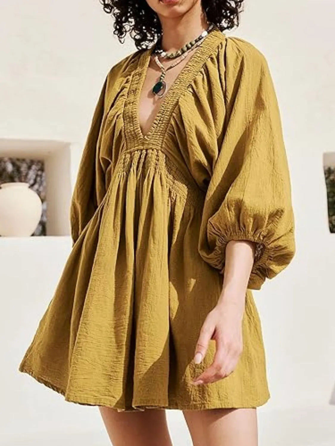 Textured V-Neck Mini Dress