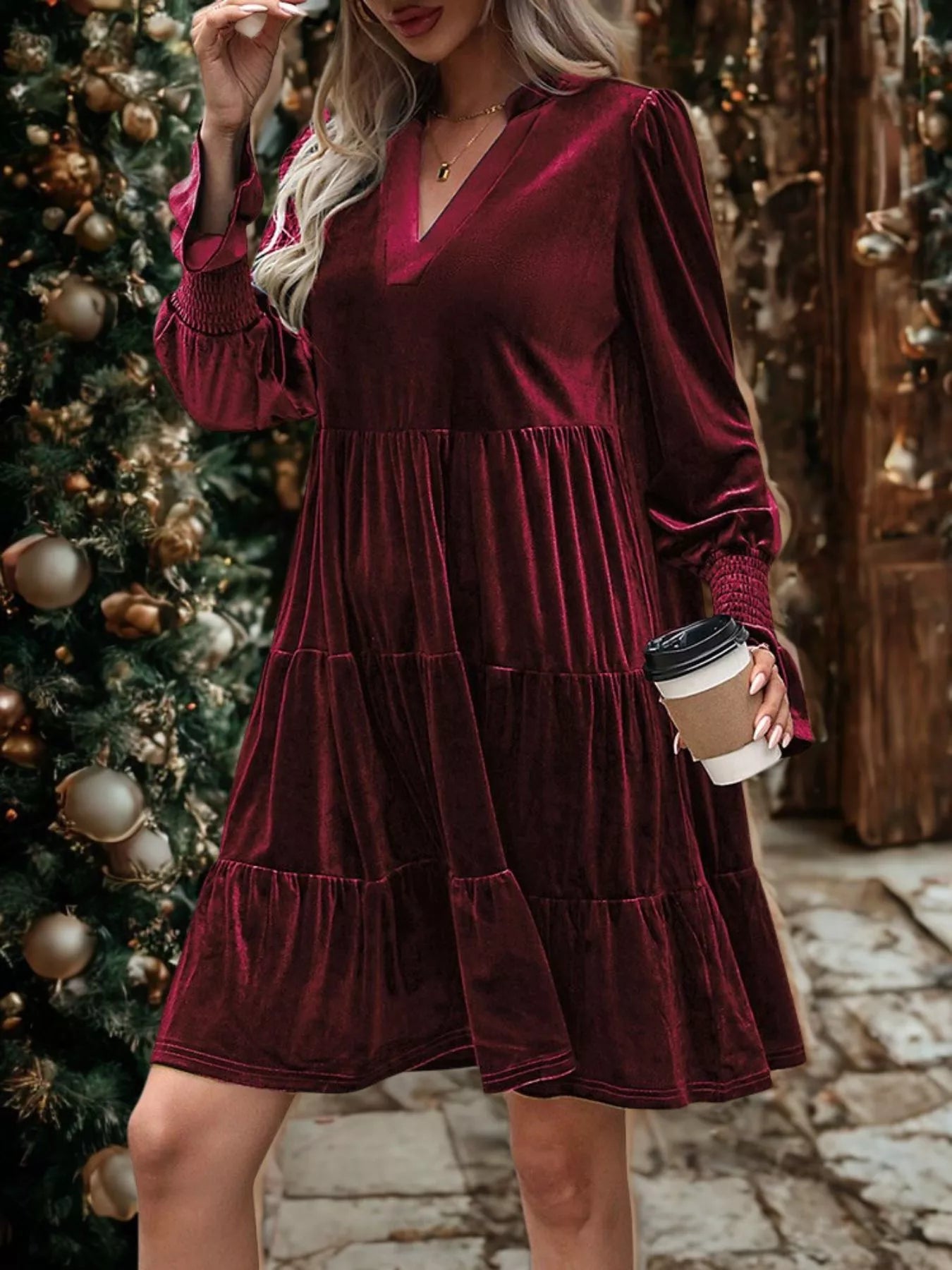 Velvet Tiered Notched Mini Dress