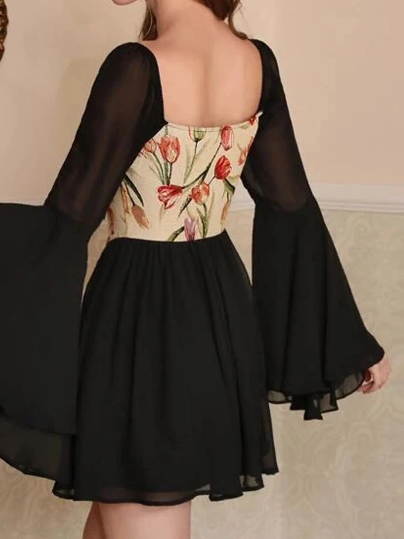 Floral Lace Up Long Sleeve Mini Dress
