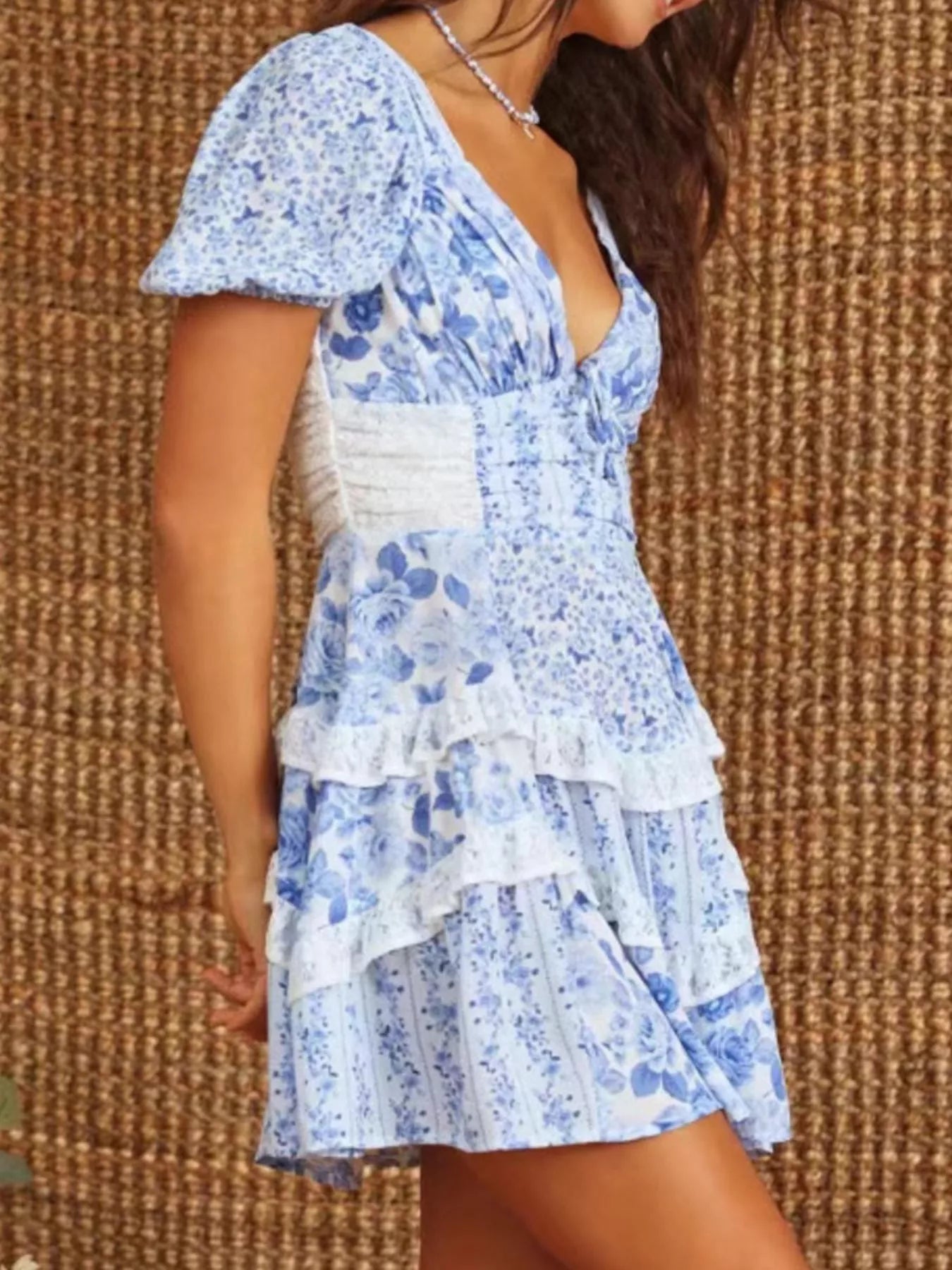 Floral Puff Sleeve Tiered Mini Dress