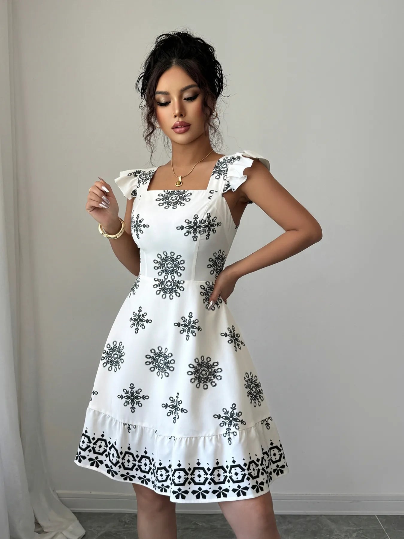 Printed Ruffled Cap Sleeve Dress