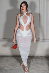 Kaira Cutout Mesh Midi Bandage Dress-White
