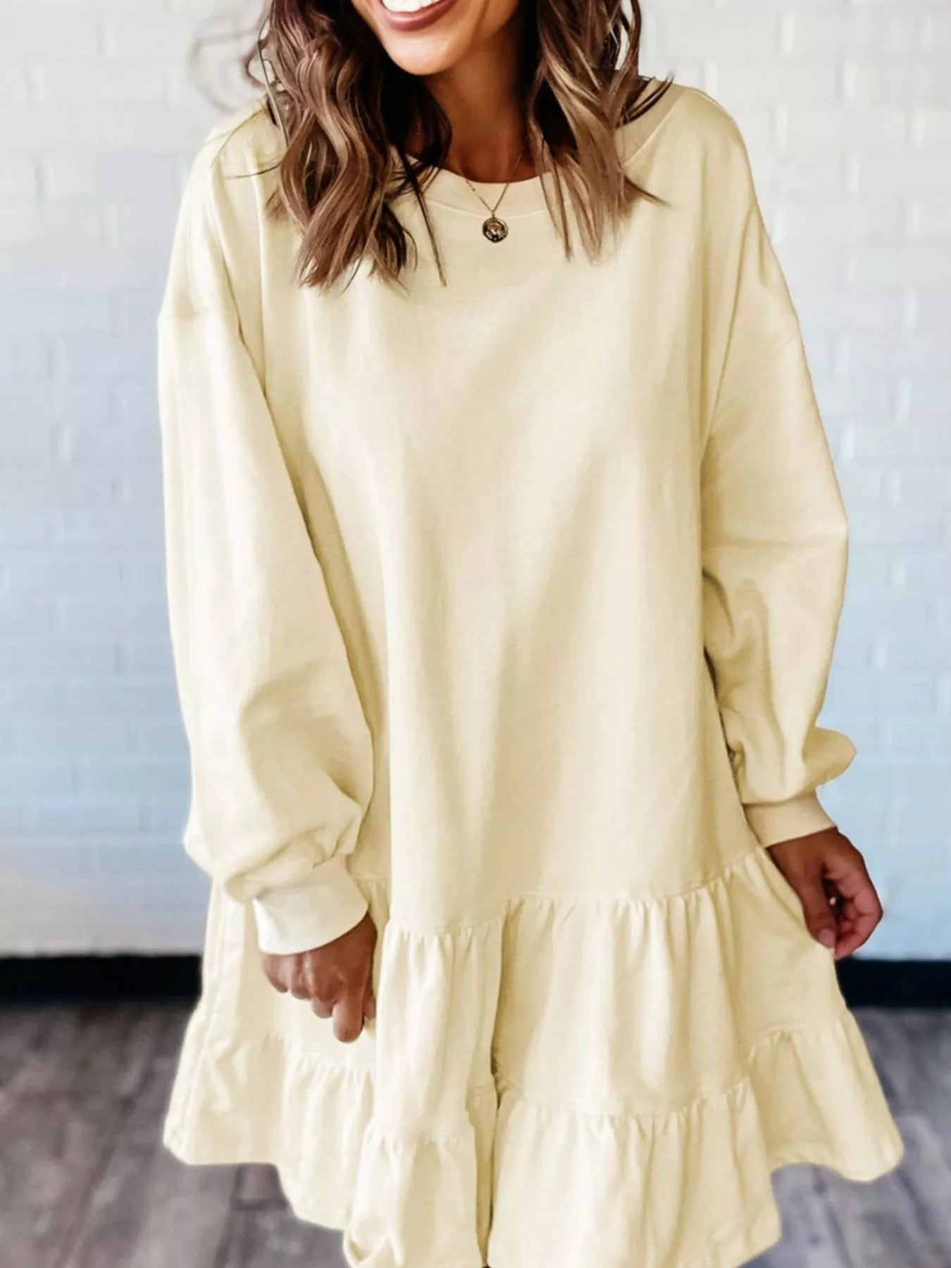 Double Tiered Ruffle Hem Long Sleeve Loose Mini Dress