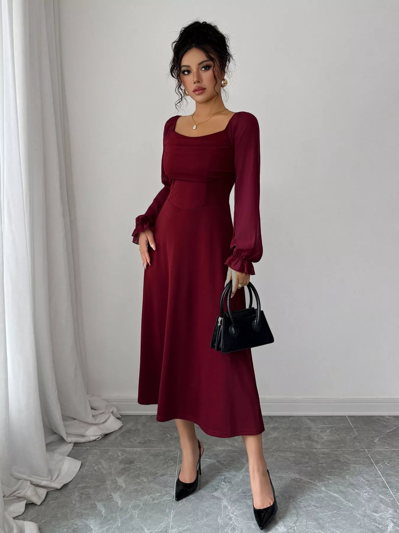 Flounce Sleeve A-Line Midi Dress