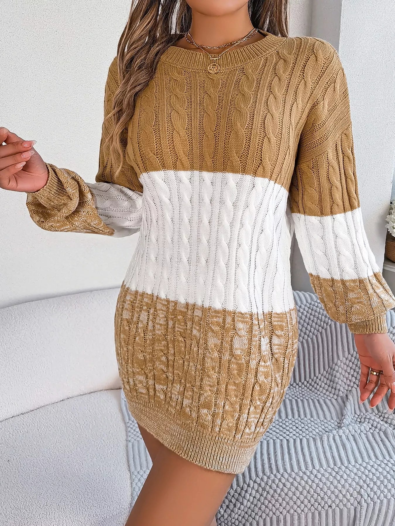 Color Block Cable Knit Sweater Dress with Textured Pattern