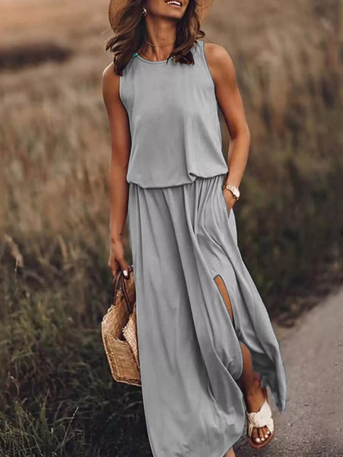 Round Neck Sleeveless Slit Maxi Dress