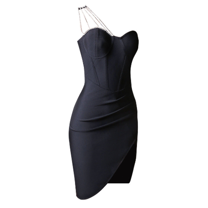 One-shoulder Elegant Dress With Diamonds