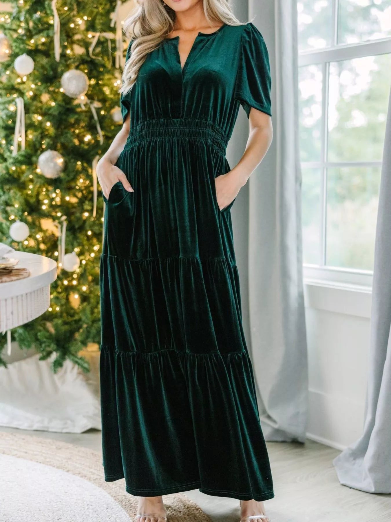 Velvet Tiered Short Sleeve Maxi Dress