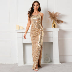 Chic Sequin Gold Maxi Split Dress