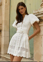 V-neck Puff Sleeve Belt Waist  Mini Dress