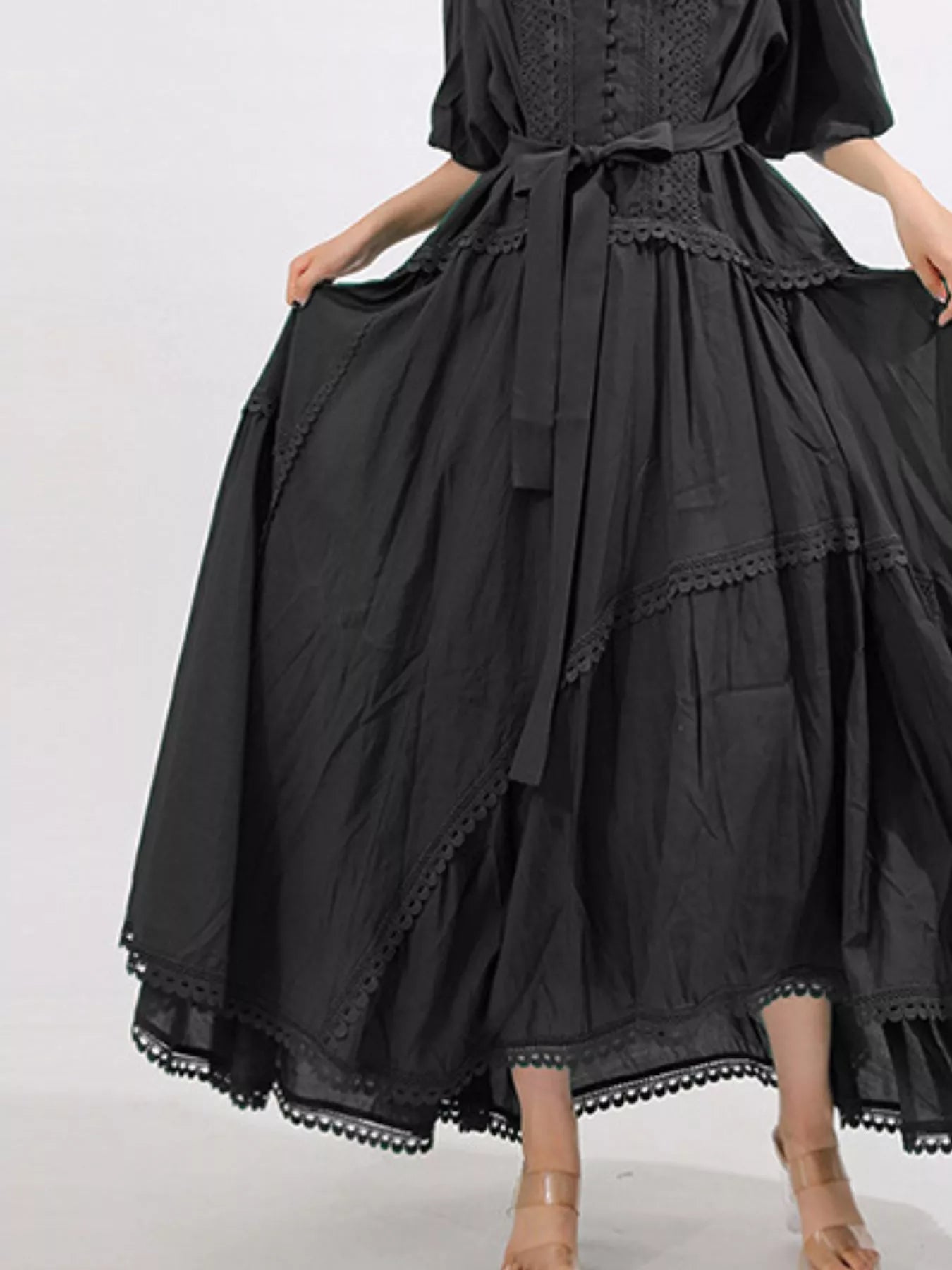 Lace Detail Notched Puff Sleeve Maxi Dress
