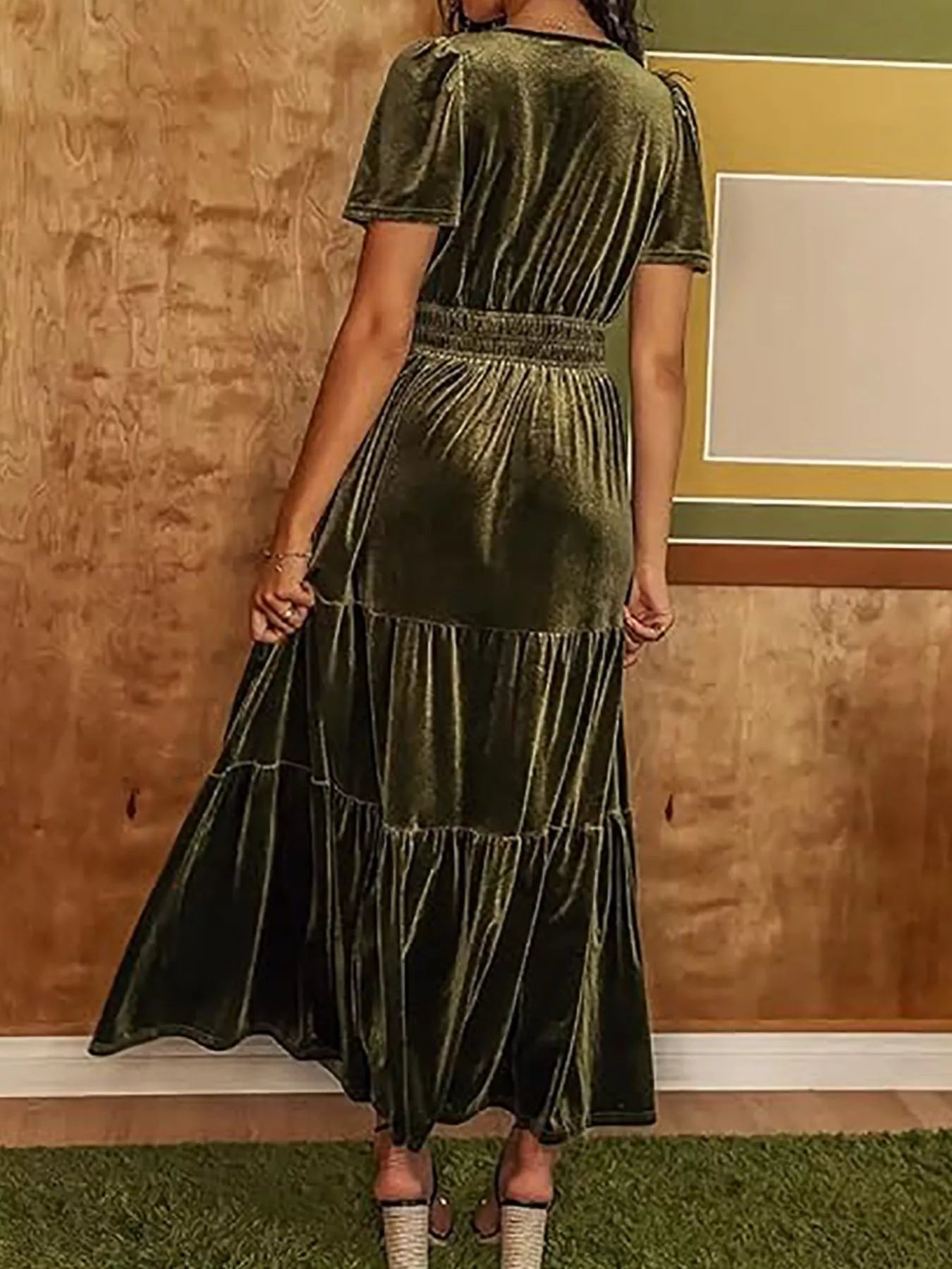 Velvet Tiered Short Sleeve Maxi Dress