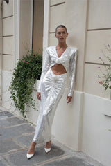 Diag Collar Metallic Mesh Flow Dress