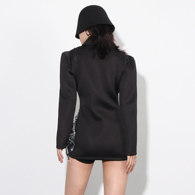Elga Rhinestone Sleeved Black Dress