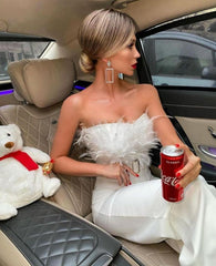 Feather Tube Top Fashion Jumpsuit-white