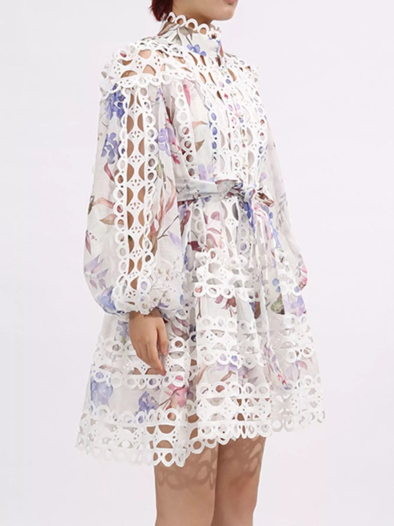 Lace Eyelet Mini Dress with Balloon Sleeves