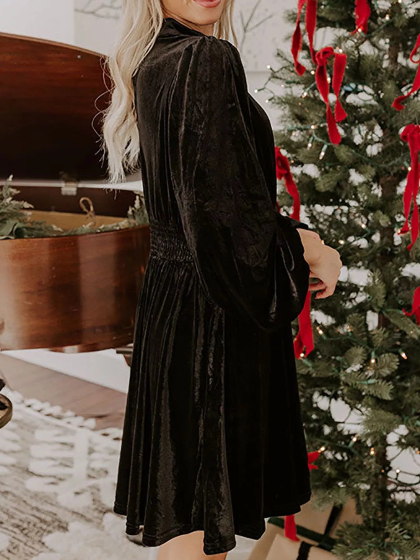 Velvet Mock Neck Balloon Sleeve Dress