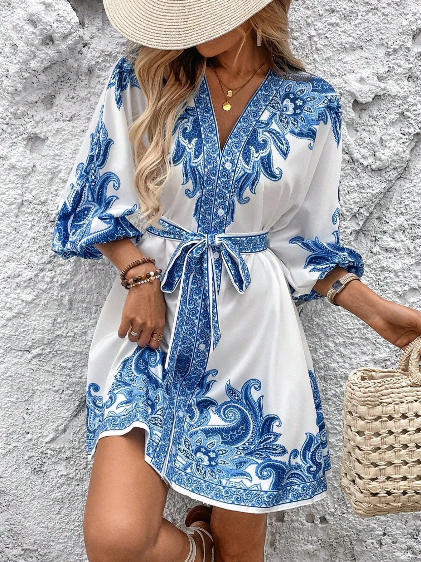 Printed V-Neck Balloon Sleeve Mini Dress