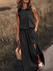 Round Neck Sleeveless Slit Maxi Dress