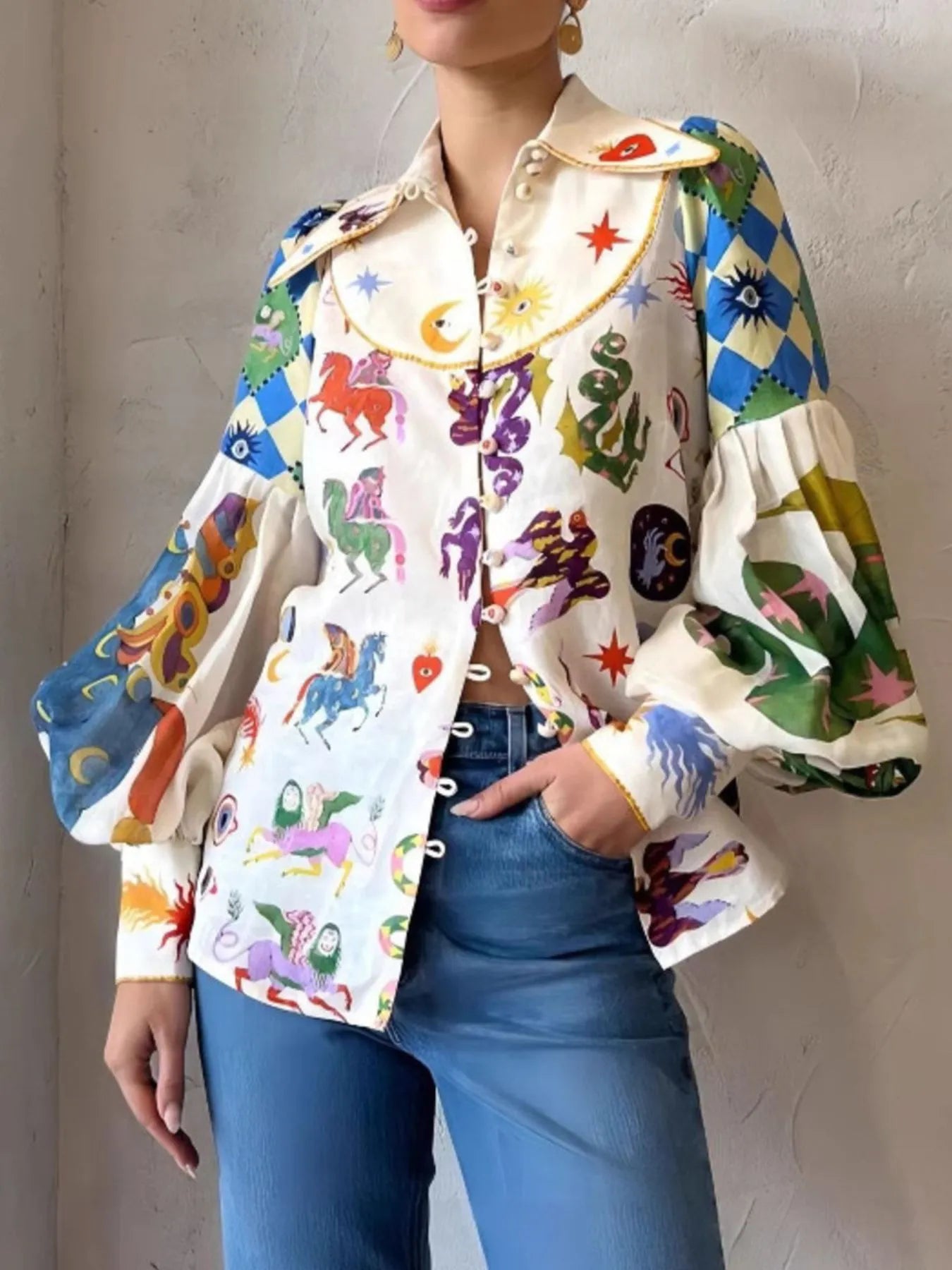Printed Button Up Lantern Sleeve Shirt