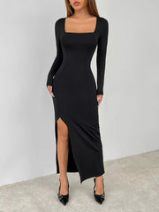Square Neck Long Sleeve Slit Bodycon Maxi Dress