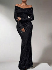 Off-Shoulder Glitter Evening Maxi Dress